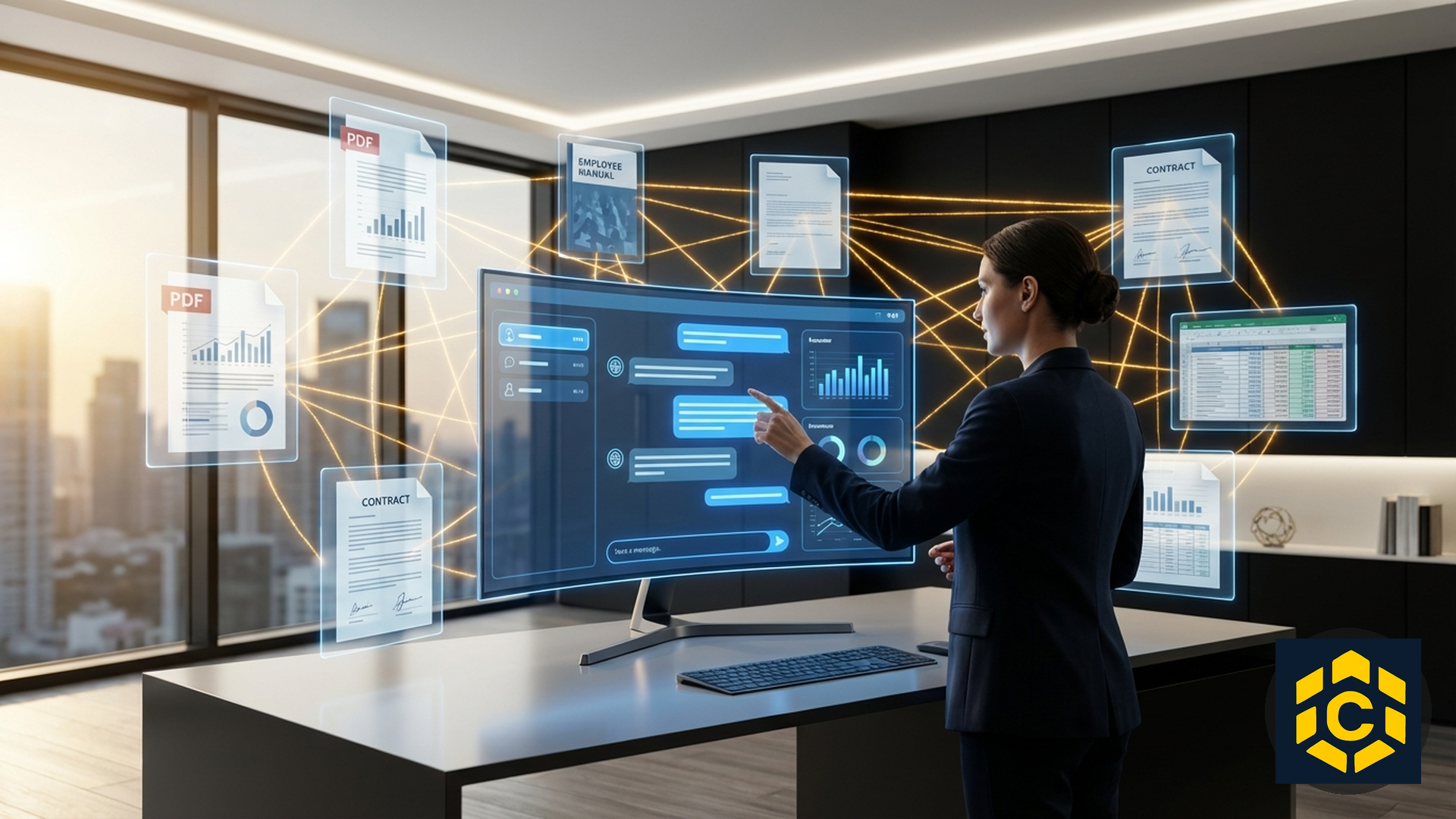 Asistente RAG Corporativo - Documentos fluyendo hacia un chat inteligente